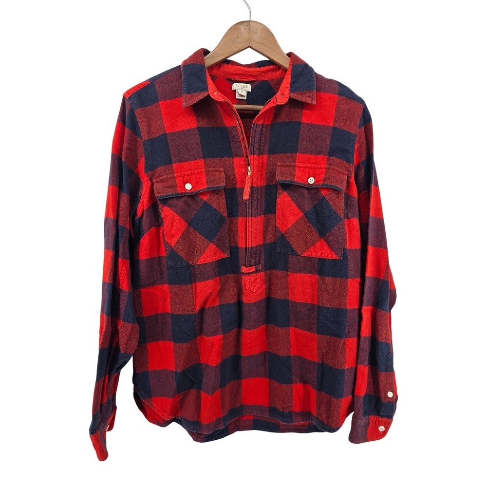J.Crew Pullover Mens Medium Red Navy Buffalo Check Plaid Quarter Zip Flannel